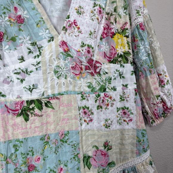 Barok Large Mini Dress Green White Cotton Ruffled Embroidered Balloon Sleeves - Picture 4 of 10